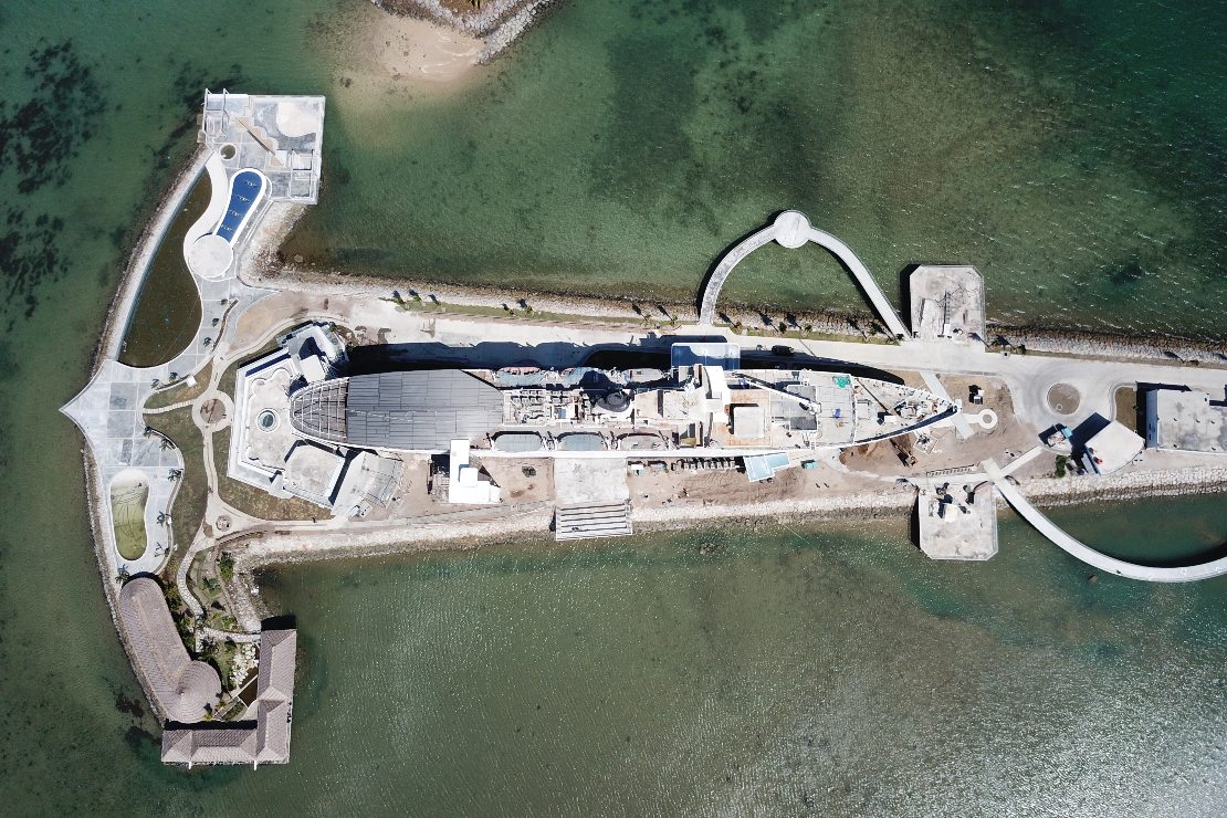The aerial view of the ship hotel on an anchor-shaped reclaimed island